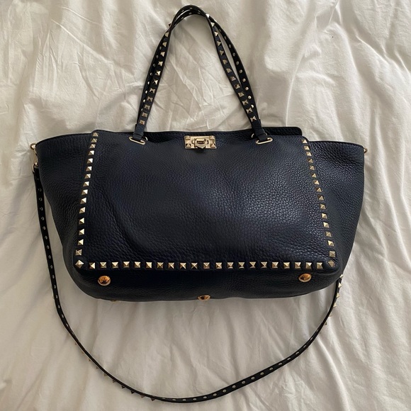 Medium Valentino Garavani Rockstud Tote Navy Grainy Leather RARE COLOR - Picture 3 of 16
